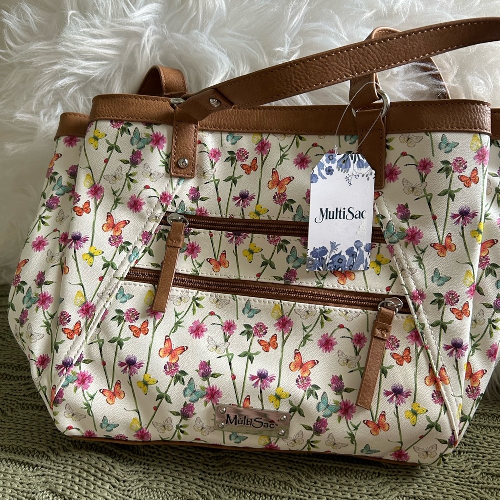 NWT MultiSac Cream Floral & Butterfly Tote with Brown Trim - Picture 3 of 9